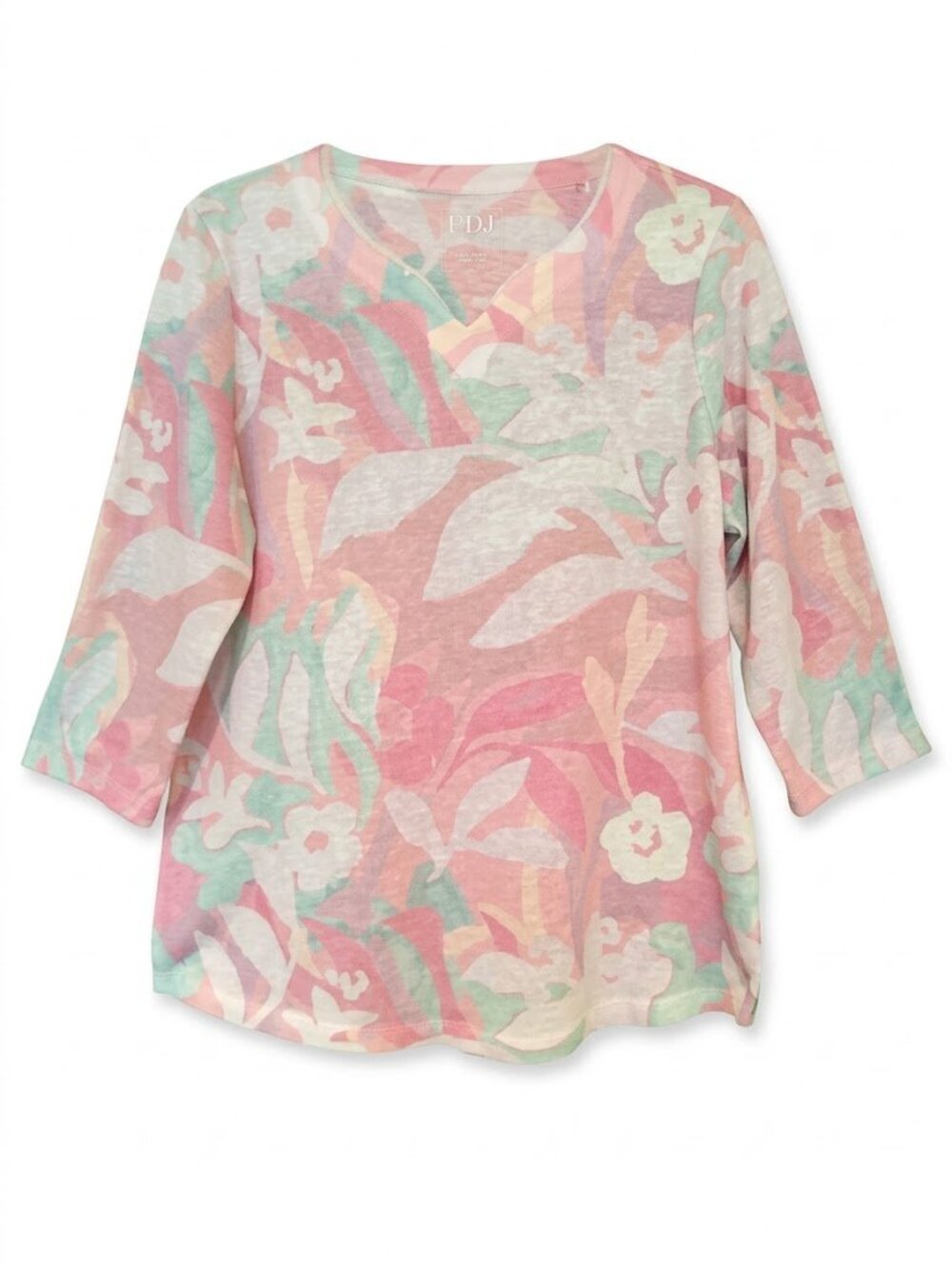 FDJ Floral Pastel 3/4 Sleeve V-Neck Top Size Large